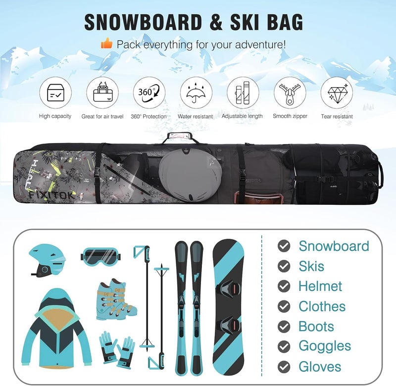 FIXITOK Snowboard & Ski Bag for Air Travel, Waterproof Full Padded Snowboard Bag Fit Board, Boots, Clothes, Helmet and Gear, Adjustable Length Ski Bag(157CM-181CM) - Image 2